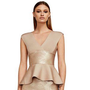 HERVE LEGER Sleeveless Foil Peplum Top Champagne-Adobe Color Size S $940.00